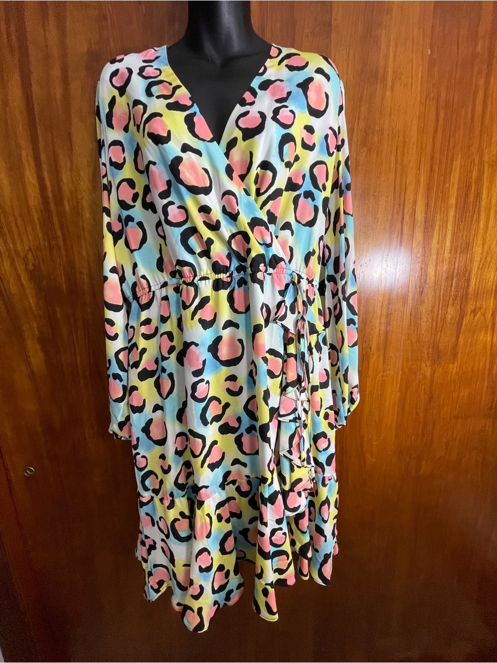 New York & Company Pastel Leopard Print High-Low Faux Wrap Dress